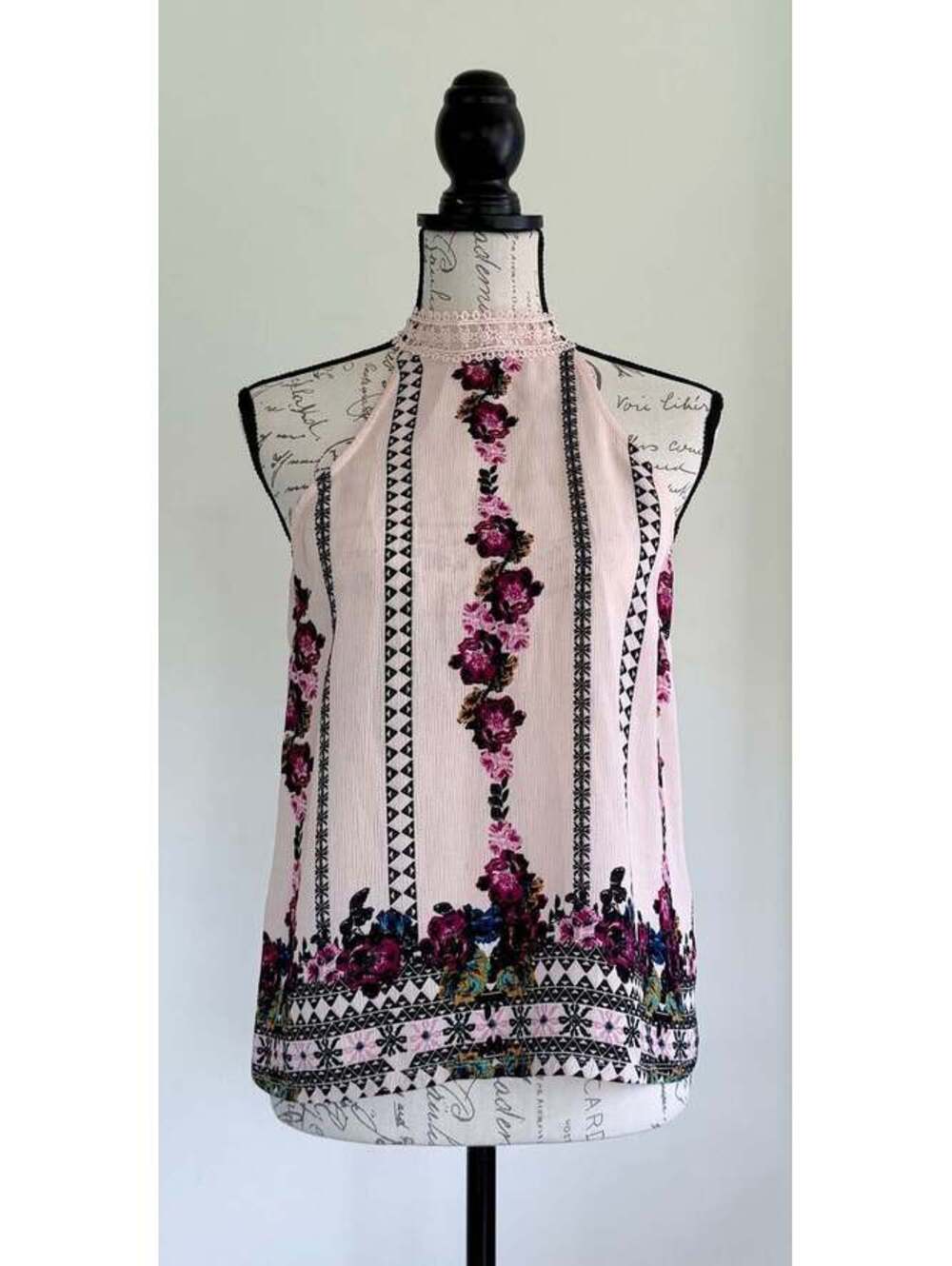 about a girl Medium Pink Floral Halter Top with Lace Detail